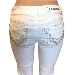 LA Idol USA White Rhinestone Jeans Size 5 Low Rise Bootcut Bling Studded Pockets